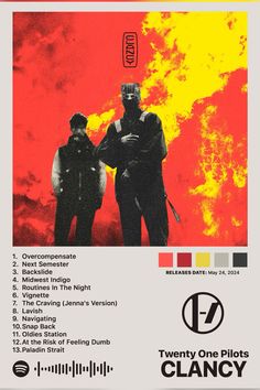 two men standing next to each other in front of a red and yellow background with the words twenty one pilots on it