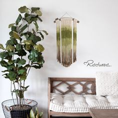 a living room with a couch, table and potted plant on the side wall