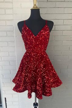 Straps Red Sequin V Neck A-line Short Homecoming Dress Red Hoco Dresses, Sparkly Red Dress, Red Hoco Dress, Red Glitter Dress, Red Sparkly Dress, Glitter Dress Short, Chic Prom Dresses, Red Quinceanera Dresses, Cute Red Dresses