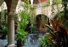 an indoor courtyard with potted plants and tables