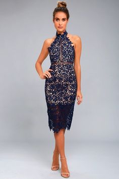 Dresses for Women | Best Women's Dresses Online Dirndl, Haute Couture, Georges Chakra, Couture, Blue Lace Midi Dress, Navy Blue Lace Dress, Lace Halter Dress, Blue Dress Formal, Blue Cocktail Dress