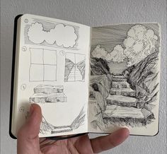 a hand holding an open sketch book with drawings on the pages and in front of it