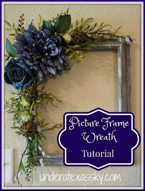 picture frame wreath using dry brushed painted frame, crafts, repurposing upcycling, wreaths Flower Mirrors Diy, Picture Frame Craft Ideas, Picture Frame Decorating Ideas, Square Wreaths, Frames With Flowers, Mirror Wreath, Frame Wreaths, Picture Frame Wreath, Frame With Flowers