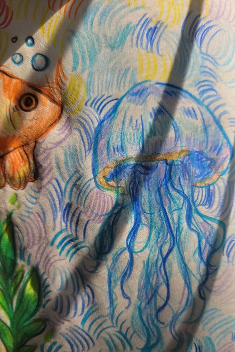 Sketch, jellyfish sketch, drawing, colored pencil Jellyfish Drawing Colorful, Jelly Fish Color Pencil Drawing, Jellyfish Pencil Drawing, Colored Pencil Doodles Aesthetic, Jellyfish Drawing Colored Pencil, Jellyfish Drawing Pencil, Jellyfish Colored Pencil, Coloured Pencil Sketches, Fish Colored Pencil Drawing