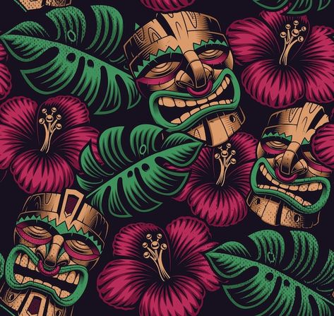 Vector seamless color pattern with a tik... | Premium Vector #Freepik #vector #exotic #tropical-seamless #flower-art #tropical-print Tiki Maske, Wood Photo Prints, Tiki Mask, Hawaiian Tiki, Masks Art, Photo On Wood, Color Pattern, Photo Print, Dark Backgrounds