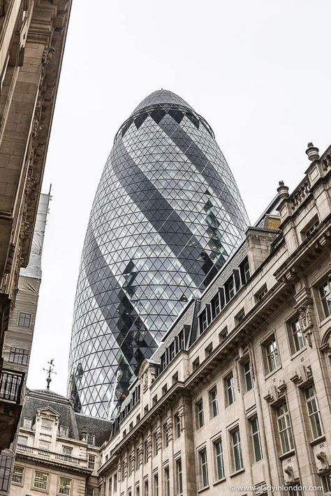 The Gherkin in the City of London City Of London Photography, The Gherkin London, London City Photography, London Skyscrapers, Famous Skyscrapers, Gherkin London, London Walking Tours, The Gherkin, London Dreams