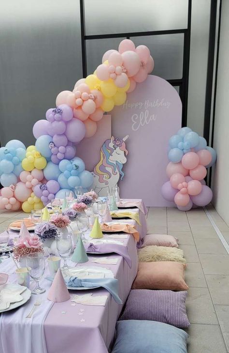 First Bday Unicorn Theme, Unicorn Birthday Setup, Unicorn Theme First Birthday, Rainbow Unicorn 3rd Birthday, Pastel Rainbow And Unicorn Party, Pastel Colors Decoration Party, 1st Birthday Party Unicorn Theme, Pastel Unicorn Balloon Garland, Unicorn Themes For Birthday