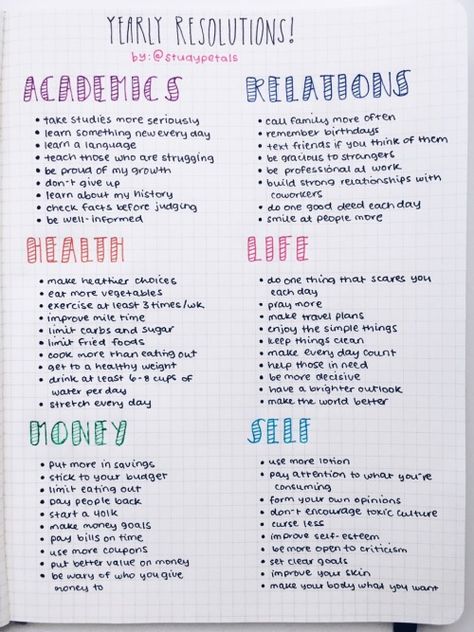 studypetals: “1.1.17+1:00pm // new years resolutions, requested by anon! new year, new chances. let’s make this year a good one. click the image for high quality. ” Resolution List, Goals Bullet Journal, New Years Resolutions, New Year Goals, Vie Motivation, A Notebook, Bullet Journal Inspo, Bullet Journal Ideas Pages, Future Life