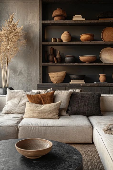 15 Trendy Moody Neutral Living Room Designs to Inspire 15 Interior Design Living Room Grey, Moody Neutral Living Room, Styling Vignettes, Neutral Living Room Ideas, Moody Neutral, Modern Organic Living Room, Moody Interior Design, Organic Modern Living Room, Neutral Living Room Design