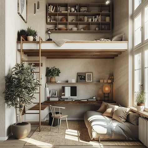 21+ Small Loft Bedroom Ideas That Make Every Inch Count • 333+ Images • [ArtFacade] Bedrooms With Mezzanine Floor, Kos, Leipzig, Loft House Bedroom, Condo Loft Ideas, Tiny Home Loft Bedroom Ideas, Loft Daybed Ideas, Loft With Couch Underneath, Studio Apartment With Loft Bed