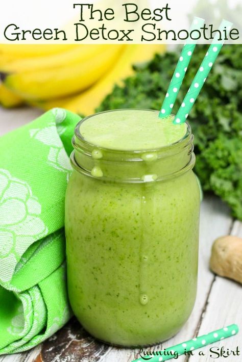 The Best Green Detox Smoothie recipe - This Healthy Green Smoothie recipe actually tastes good.  Perfect for mornings, breakfast, fat burning, for weight loss and cleanses.  Filled with goodies like ginger, pineapple, banana and kale. Simple, easy and yummy! / Running in a Skirt #smoothie  #recipe #healthyliving #detox #weightloss  #greensmoothie Detox Green Smoothie, Recipe Kale, Smoothie Easy, Ginger Detox, Detox Breakfast, Blender Smoothie, Best Green Smoothie, Green Smoothie Recipe, Detox Smoothie Recipes