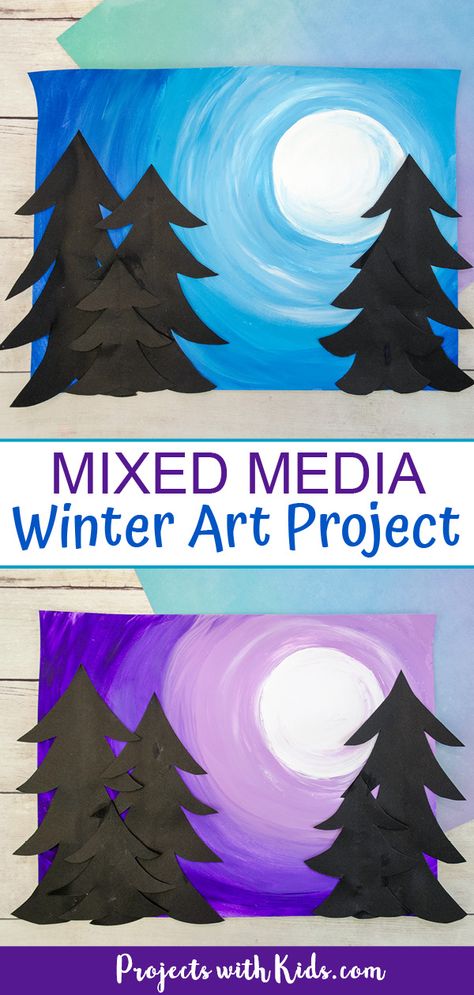 Create beautiful mixed media winter art with easy techniques and simple supplies. A fun winter art project that kids will love to create! #projectswithkids #winterart #kidsart #mixedmediaart Christmas Art Lesson Elementary, 3rd Grade Value Art Projects, Winter Art Work For Kids, Winter Art Ideas For Kids Classroom, Art Projects For 2nd And 3rd Graders, Oil Pastel Winter Art For Kids, Grade 2 Crafts, Easy Christmas Art Projects For Kids, Winter Kids Art Projects