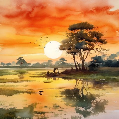 _good_morning_with_superb_scenario_of_nature NFT Landscape Composition Painting, Morning Drawing Art, Water Colour Senary, Seanery Nature Drawing, Watercolor Paintings Scenery, Nature Drawing Watercolor, Watercolor Landscape Paintings Nature Beautiful, Landscape Watercolor Paintings Nature, Scenery Painting Canvas