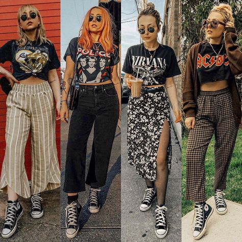 Classic high top cons and band tees🤌 Two staples that will live in my wardrobe forever ❤️ Which look is your fav? | Instagram Summer Outfits Hipster, Bohemian Tomboy Style, Rock Boho Outfit, Bowling For Soup Concert Outfit, Grunge Bohemian Outfits, Edgy Mum Outfit, Fletcher Concert Outfit Ideas, Alternative Brunch Outfit, Elder Emo Style