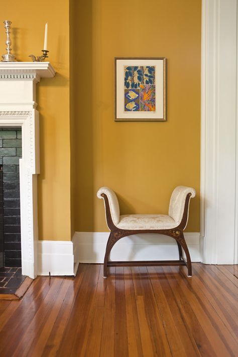 this is Anjou pear from Sherwin Williams. Mustard Living Rooms, Living Room India, Yellow Walls Living Room, Mustard Walls, Yellow Dining Room, Eclectic Dining Room, Eclectic Dining, Dining Room Paint, Yellow Room