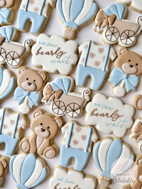 Boy Baby Shower Cookies Decorated, We Can Barely Wait Cookies, We Can Bearly Wait Baby Shower Food, Baby Boy Shower Desserts, Can Barely Wait Baby Shower Theme, Bear Theme Cookies, Bearly Wait Baby Shower Cookies, Bearly Wait Cookies, We Can Bearly Wait Cookies