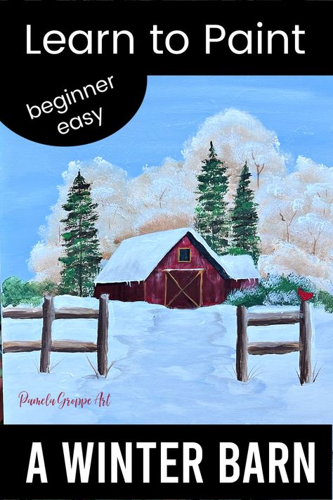 Easy Winter Paintings For Beginners, Winter Barn Painting, Winter Scenes To Paint, Night Paintings, Winter Scene Paintings, Winter Paintings, Christmas Canvas Art, Acrylic Tutorials, Drawing Course