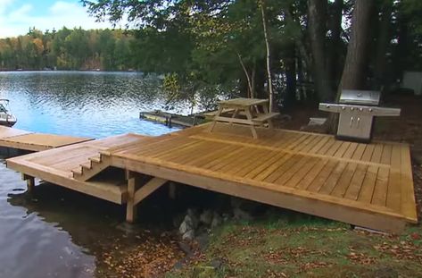 Deck Beach House, Deck By Water, Waterfront Deck Ideas, Path To Lake Ideas, Lake Decks Ideas, Lake House Docks Ideas, Small Docks On The Lake Ideas, Deck Overlooking River, Lakeside Deck Ideas