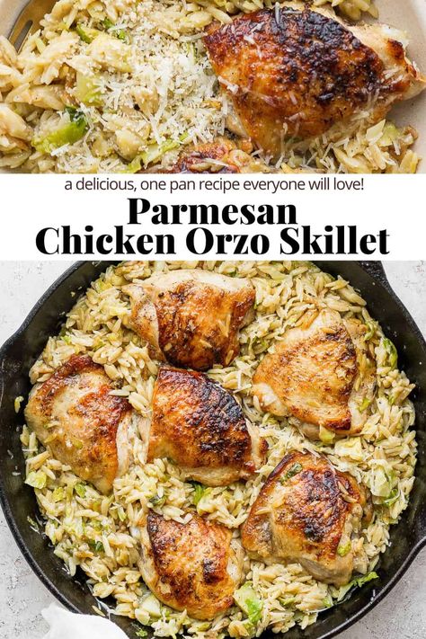 Parmesan Chicken Orzo - a delicious one-pan dinner that is packed with flavor! Made with simple, real ingredients the whole family will love! #chickenorzo #parmesanchickenorzo #parmesanchickenorzorecipes #creamyparmesanrozowithchicken #oneskilletparmesanchickenandorzo Orzo Pasta Chicken Recipes, Orzo Chicken Skillet, Chicken Thigh With Orzo Recipes, Chicken Parm Orzo, Parmesan Chicken With Orzo, Chicken Dinner Dishes Healthy, One Pot Orzo Recipes Healthy, Chicken Orzo One Skillet, Baked Chicken With Orzo