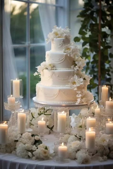 Wedding Cake Table Ideas: Elegant Displays to Sweeten Your Special Day - OMG Hitched Backdrop For Wedding Cake, Coconut Cake Wedding, Wedding Cake With Fairy Lights, Wedding Cake Inspo Elegant, Modern Chic Wedding Cake, Brides Cake Table Ideas, Wedding Cake Set Up Display, Cake Table Set Up, Wedding Cake Table Decorations Elegant