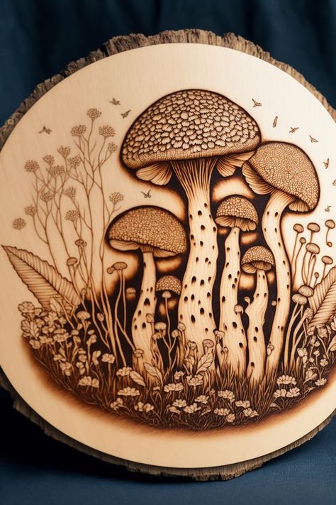 a wood slice with a mushroom wood burned on it. Diy Projects For Home, Beginner Wood Burning, Pyrography Designs, Wood Burning Tips, Wood Burning Patterns Stencil, Wood Burning Pen, Projects For Home, Wood Burning Techniques, Wood Burn Designs