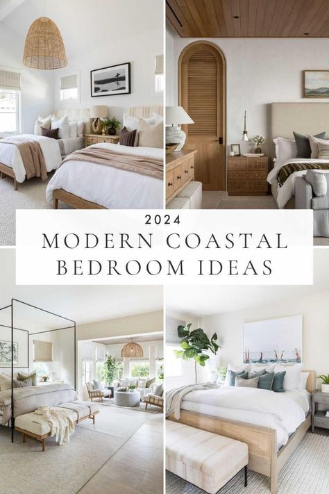 Modern coastal bedroom ideas and trends for 2024, with designer inspiration and tips to help you bring a beautiful touch of modern organic, beach house, and coastal grandmother style to your master bedroom, small bedroom, or guest bedrooms Modern Coastal Transitional, California Casual Decor Master Bedrooms, Modern Costal Bedroom Design, Modern Coastal Interior Design Master Bedrooms, Master Bedrooms Coastal Style, Organic Coastal Bedroom, Modern Master Bed Design, Beach House Style Bedroom, Natural Wood Furniture Bedroom