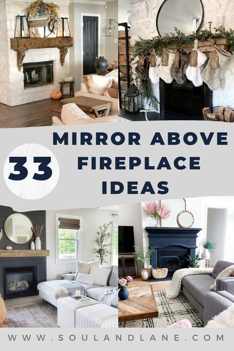 Mirror Above Fireplace Mantle Modern, Farmhouse Mantle Decor With Mirror, Mirrors By Fireplace, Fireplace Decor With Mirror Mantle Ideas, Decor Above Fireplace High Ceiling, Leaning Mirror On Fireplace Mantle, Dark Mantel Decorating Ideas, Mantle Layering Ideas, Mantel Decor Mirror