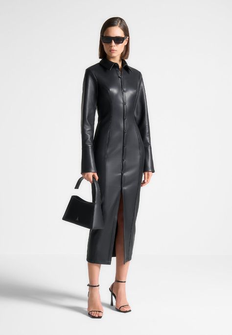 Women's New In | Manière De Voir | Manière De Voir Leather Shirt Dress, Sophisticated Aesthetic, Leg Sleeves, Fitting Dress, Form Fitting Dress, Leather Shirt, Black Vegan, Leather Dresses, Midi Shirt Dress