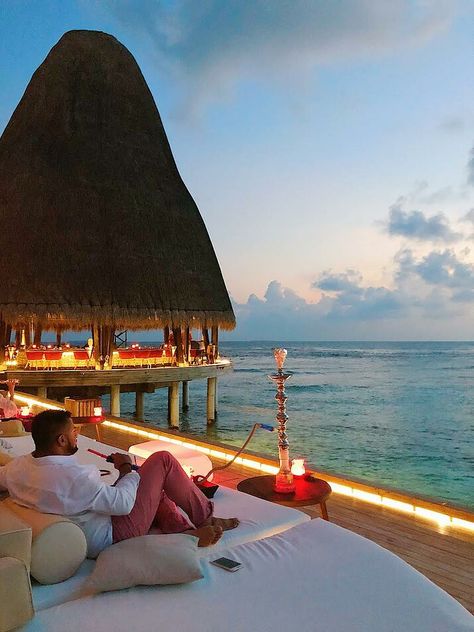 Put your feet up, gaze at the stars, and enjoy snacks and hookah in a bar above the water in the Maldives. Get tips on how to plan your dream vacation to the Maldives in this Muslim-friendly travel guide. Poolside Couple Pictures, Beach Maldives, Maldives Travel Guide, Underwater Restaurant, Maldives Travel, Rich Women, The Maldives, Private Island, Island Resort