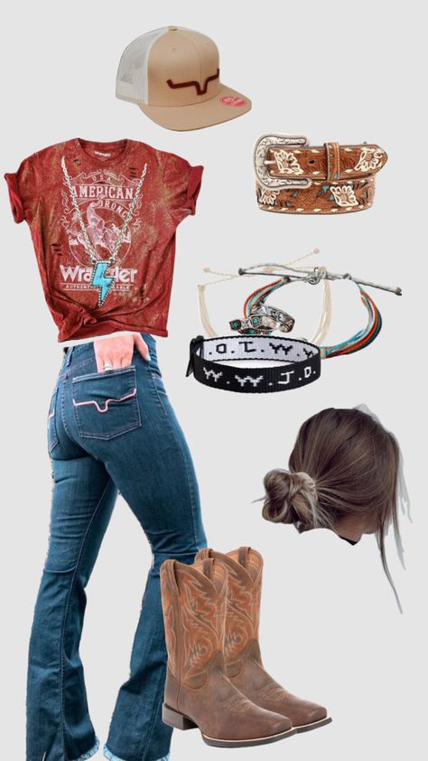 #country#outfit Cute Country Western Outfits, Country Belts For Women Outfit, Western Themed Outfit Woman, Country Concert Outfit Bootcut Jeans, Modern Country Style Clothes, Western Ranch Outfits Women, Back To School Country Outfits, Farm Work Outfit Summer, Simple Western School Outfits