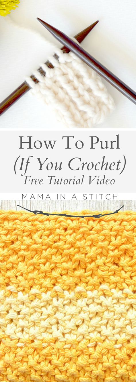 I recently shared a tutorial on the method which I find to be the easiest way to learn to knit HERE so today I'd like to show you how to purl with this method.  If you crochet, the continental style could be the simplest method for you to learn. In fact, I had nearly given up on knitting before I found out about the continental style. The muscle memory is very similar to crocheting when you use the continental style which tends to make it easier for crocheters to pick up.  If you've n... Tunisian Crochet, Knit Stitches, How To Purl, Knit Purl, Knit Basket, Purl Stitch, Crochet Diy, Crochet Stitches Patterns, Crochet Stitch