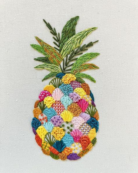 The happiest pineapple 🍍 Loved stitching this so much, I think I’ll make another #pineapple #pineappleart #embroiderywork… | Instagram Pineapple Embroidery Design, Pretty Embroidery Designs, Modern Embroidery Ideas, Embroidery Pineapple, Cute Embroidery Ideas, Tropical Embroidery, Embroidered Pineapple, Pineapple Stitch, Pineapple Embroidery