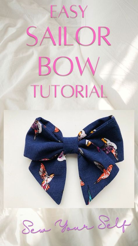 How To Make Cloth Hair Bows, How To Make Fabric Bows Easy Diy, Hair Bows Sewing, Sailor Hair Bow Tutorial, No Sew Sailor Bow Diy, How To Sew Fabric Bows, How To Make Sailor Bows, Cotton Hair Bows, Bows Out Of Fabric