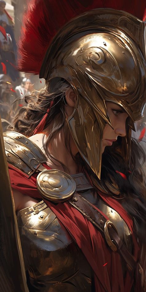 Amazon Warrior Women Art, Female Gladiator Art, Greek Female Warrior, Warrior Woman Art, Fantasy Warrior Art, Warrior Artwork, Knight Female, Golden Armor, Female Strength