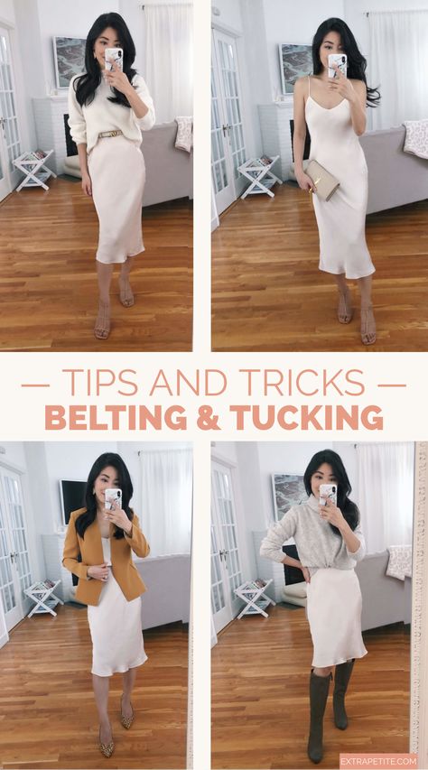 how to style a sweater over a dress // on the blog: a few different ways to style a slip dress! tuck or belt a sweater over it to create a midi skirt or dress it up for a night out. I'm also sharing my tips and tricks for how to wear a sweater over a dress by tying it up or tucking it into a belt. Slip With Sweater, Slip Dress Outfit With Sweater, Cowl Neck Slip Dress Outfit Winter, Slip Dress Formal Outfit, Slip Dress As Skirt, Silk Dress With Sweater Over It, How To Style A Blazer With A Dress, Satin Dress With Sweater Outfit, How To Style A Slip Dress Outfit Ideas