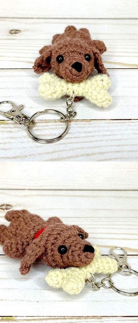 Crochet Dog keychain Amigurumi Patterns, Crochet Amigurumi Mini Dog Free Pattern, Crochet Keychain Dinosaur, Crochet Stuff For Dogs, Crochet Keychain Accessories, Crochet Dog Keychain Free Pattern, Crochet Keychain Dog, Crochet Dog Things, Dog Keychain Crochet