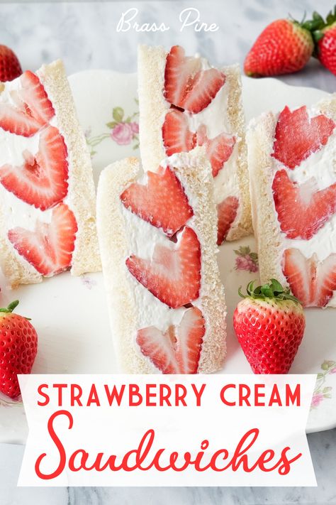 These Strawberry Cream Sandwiches are a delicious treat and a must-have snack for your spring Tea Party, Bridal Shower, or Mother’s Day Brunch. Loaded with thick sweet creamy filling and fresh strawberries you can’t go wrong with these delightful sandwiches. Strawberry Tea Sandwiches Recipe, Strawberry Cream Cheese Tea Sandwiches, Easy Mother’s Day Snacks, Spring Party Snacks, Strawberry Cream Cheese Sandwiches, High Tea Sandwiches Fillings, Strawberry Tea Party, Tea Sandwiches Recipes Easy, Strawberry Sandwich Recipe