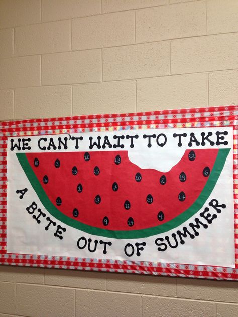 Let the countdown to summer begin!!! Summer Vacation Bulletin Board Ideas, Poster Board Ideas School Project, Watermelon Bulletin Board, March Bulletin Board Ideas, Cafeteria Bulletin Boards, Daycare Bulletin Boards, Summer Boards, Classroom Bulletin Boards Elementary, Door Bulletin Boards