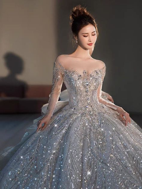 Silver Gown Aesthetic, Ball Gowns Silver, Shiny Ball Gown, Silver Ballgown, Extravagant Wedding Dress, Shiny Gown, Shiny Wedding Dress, Sparkly Ball Gown, Gown Aesthetic