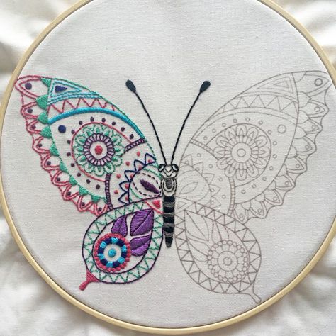Patchwork, Embroidery Designs Print, Back Stitch Design Embroidery, Simple Embroidery Designs For Beginners, Back Stitch Embroidery Design, Back Embroidery Design, Butterfly Hand Embroidery, Butterfly Embroidery Designs, Tas Vintage