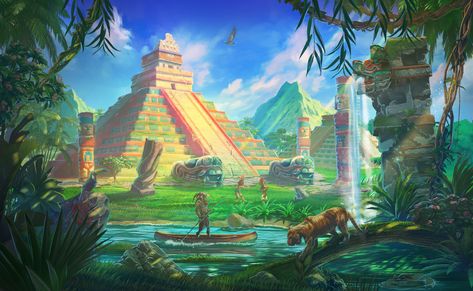 Aztec City Fantasy Art, Aztec City Concept Art, Aztec Concept Art, Aztec Aesthetic, Aesthetic Alien, Aztec Architecture, Aztec City, Environment Illustration, Aztec Temple