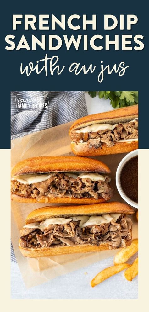 This French Dip Sandwiches with Au Jus is incredibly easy to make. With two layers of gooey melted cheese, flavorful Italian roast beef, a toasted bun, and savory au jus for dipping, you will want to recreate this French dip sandwich recipe again and again. Follow our tips for the best French dip sandwiches yet! Best French Dip Recipe, Roast Beef French Dip, Roast Beef Au Jus, French Dip Au Jus, French Dip Sandwich Recipe, Italian Roast Beef, Beef Au Jus, French Dip Recipes, Au Jus Recipe