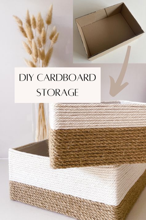 Diy Cardboard Boxes For Storage, Turning Cardboard Box Into Storage, Diy With Boxes Decor, Cord Box Diy, Upcycle Boxes Cardboard, Storage Box From Cardboard, Rope Storage Basket Diy, Box Basket Diy, Cardboard Box Into Basket