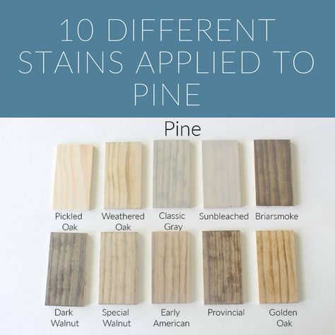 A stain reference guide for the top 10 stains from light to dark that have been applied on pine.  #stain #woodstain #pickledoak #minwax #varathane #homeproject #woodworking Neutral Wood Stain For Pine, Early American Varathane Stain, Min Wax Wood Stain Colors On Pine, Wood Stain Built In, Pine Flooring Stain Colors, Best Light Stain Colors, Pine Hardwood Floors Stains, Light Stain For Pine Wood, Light Stain Colors On Pine