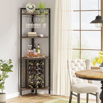 Corners For Living Room, Small Wine Display Ideas, Bar Rack Ideas Shelves, Bar Corner Shelf, Wine Corner Cabinet, Corner Bar Ideas Basement, Corner Shelf Bar Ideas, Corner Bar Shelves Ideas, Bar Corner Shelves