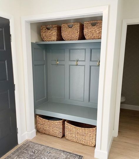 Entryway Closet Ideas Built Ins, Small Diy Mudroom, Entryway Closet Makeover Entrance, Entry Closet Drop Zone, Diy Closet Into Mudroom, Entryway Closet To Mudroom, Small Closet Bench, Convert Closet To Mudroom Entryway, Entry Way Closet Makeover Bifold