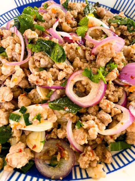 Authentic Thai Pork Larb Recipe – Hungry in Thailand Turkey Larb Recipe, Turkey Larb, Larb Salad, Thai Larb, Pork Larb, Larb Recipe, Easy Thai Recipes, Healthy Thai Recipes, Thai Pork