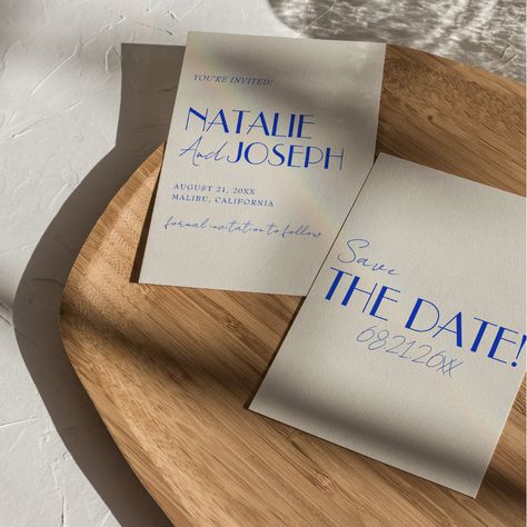 This modern & retro funky minimalist Wedding Save The Date Template is great for you. If you are looking for a pretty, elegant and easy to customize Wedding Save The Date Template .A very elegant simple cream and blue script wedding save the date. Which features minimal  blue save the date bold typography on plain creamy milky boho background. Grab this stylish wedding save the date and make your invites truly engaged. Save The Date Website Design, Circle Save The Date, Subtle Blue Wedding Theme, Greek Save The Date, Save The Date Ideas No Photo, Whimsical Modern Wedding, Whimsical Elegant Wedding, Save The Date No Photo, Handwritten Save The Date