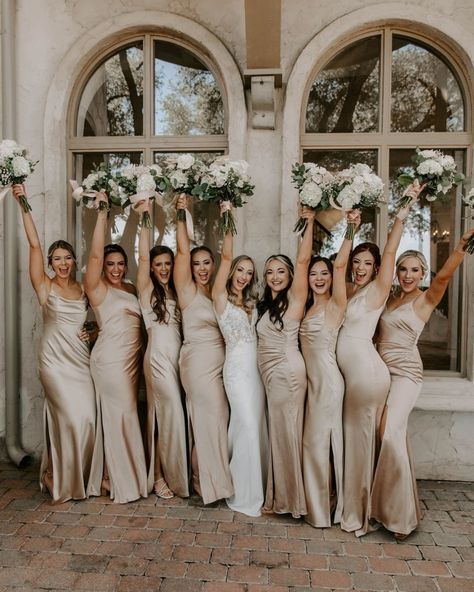 Champagne Bridesmaid Dresses: Ideas To Make A Statement + FAQs :heart: champagne bridesmaid dresses long #weddingforward #wedding #bride Silky Champagne Bridesmaid Dresses, Cream Gold Green Wedding Bridesmaid Dresses, Gold Bridesmaid Dresses Different Styles, Beige Champagne Bridesmaid Dresses, November Wedding Champagne, Wedding Bridesmaid Dresses Beige, Ivory And Gold Bridesmaid Dresses, Dark Ivory Bridesmaid Dresses, Silver And Champagne Wedding