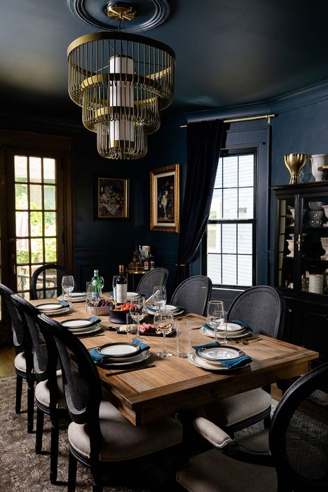 Our Before & After Home Renovation: Dining Room Reveal | The Mom Edit Essen, Navy Dining Rooms, Blue Dinning Room, Dark Blue Dining Room, Before After Home Renovation, Gothic Dining Room, Moody Dining Room, Home Ideas Kitchen, Old Home Renovation